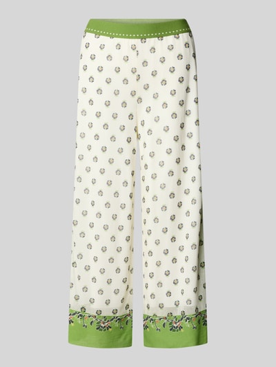 Produktfoto, Wide Fit Stoffhose mit floralem Allover-Print von Marc Cain, grün-weißer Baumwoll-Mix, elastischer Bund, Blumenmuster