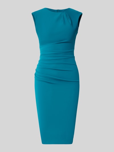 Produktfoto, Cocktailkleid mit Raffungen von Rinascimento in Türkis, knieumspielende Länge, taillierte Passform, feine Materialstruktur.