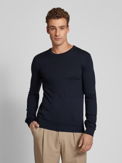 HUGO Pullover aus  Schurwolle mit Label-Stitching Modell 'Cedric' Marine 4