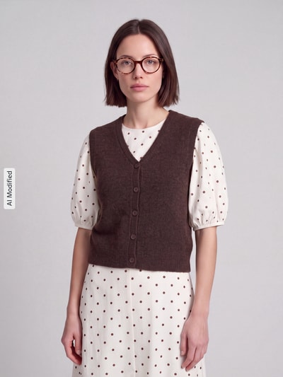Frauenmodel trägt Regular Fit Weste mit V-Ausschnitt Modell 'SALLY' von Pieces in Braun, Strick, unifarben, Nahaufnahme Oberkörper, KI-modifiziertes Bild.