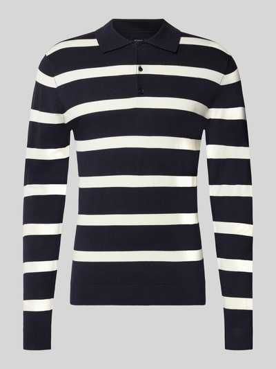 Produktfoto, gebreide pullover met polokraag Model 'VERO' van MCNEAL in blauw-witte strepen, viscosemix, recht model, ribboorden