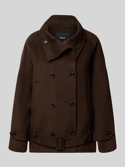 Produktfoto, Regular Fit Jacke mit Viskose-Anteil Modell 'MASS' von MANGO, dunkelbraun, Stehkragen, doppelte Knopfleiste, glatte Textur
