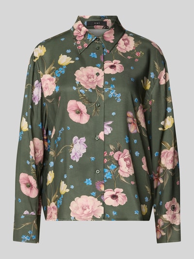 Productfoto, Regular Fit Bluse aus Viskose im Allover-Look van Oui, donkergroene blouse met roze en blauwe bloemenprint, knoopsluiting, overhemdkraag, pure viscose, regular fit, ruglengte 61 cm, mouwlengte 55 cm