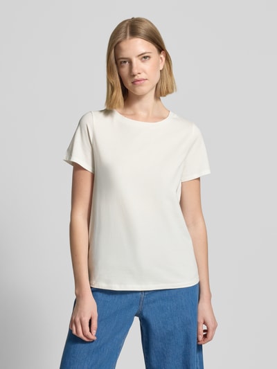 Frauenmodel trägt Regular Fit T-Shirt aus Baumwoll-Mix Modell 'MULTIF' von Weekend Max Mara, Optik: Unifarben, Logo-Print, Rundhals, Kurzarm, Jersey, Ganzkörperansicht von vorne.