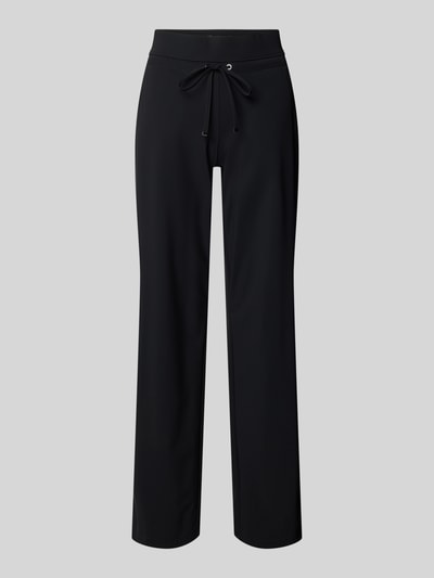 Produktfoto, schwarze Straight Leg Jogpants aus Hightech Jersey Modell 'CANDICE' von Raffaello Rossi, elastischer Bund mit Schnürung, glatte Textur, neutrale Hintergrundfarbe.