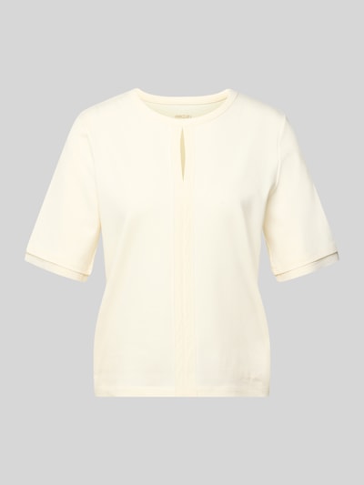 Produktfoto, T-Shirt mit Rundhalsausschnitt und Cut Out von Marc Cain, damski t-shirt z mieszanki bawełny i elastanu, krój regular fit, okrągły dekolt, wycięcie, długość tyłu w rozmiarze 36: 55 cm, kolor kremowy, gładka faktura