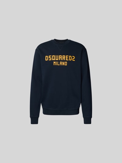 Produktfoto, Cool Fit Sweatshirt aus reiner Baumwolle von Dsquared2, navy mit gelbem Label-Print, elastische Abschlüsse, Stehkragen.