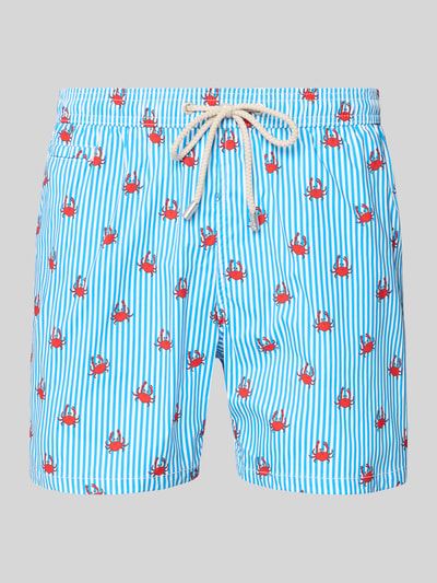 Productfoto, Badeshorts met elastische band en trekkoord van MC2 Saint Barth, los model met blauwe en witte strepen en rode krabprint, steekzakken