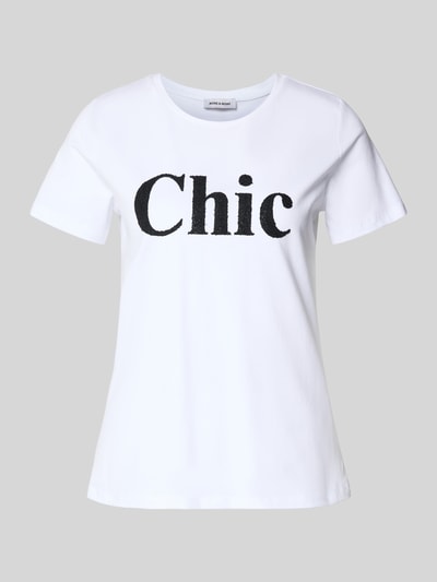 Produktfoto, T-Shirt mit Rundhalsausschnitt und Perlen von More & More in Weiß, Statement-Print mit schwarzen Perlen, Baumwoll-Elasthan-Mix, Regular Fit