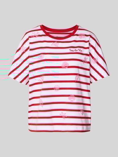 Oui T-Shirt mit Rundhalsausschnitt und Stitchings Hellrot 2