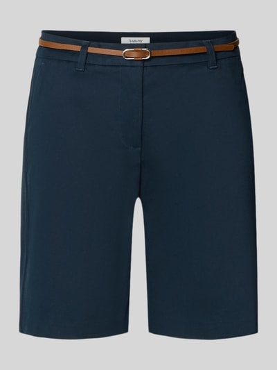 Produktfoto, Straight Fit Bermuda mit Gesäßtaschen Modell 'Days' von B.Young aus dunkelblauem Baumwoll-Mix, abnehmbarer Gürtel, strukturierte glatte Oberfläche, Bundweite 40 cm, Innenbeinlänge 21 cm, Damen Bermuda