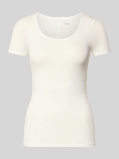 Produktfoto, Slim Fit T-Shirt aus Viskose-Mix Modell 'Personal' von Schiesser, damski t-shirt, półprzezroczysty efekt, okrągły dekolt, elastyczna mieszanka materiałów, jasny kolor, gładka tekstura, dopasowany krój.