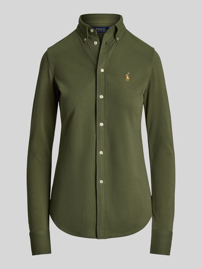 Produktfoto, Hemdbluse mit Label-Stitching von Polo Ralph Lauren in Olivgrün, Slim Fit, reine Baumwolle, Button-Down-Kragen, glatte Textur