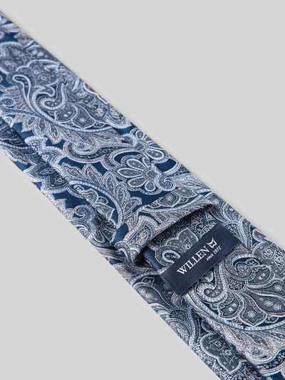 Produktfoto, Krawatte aus Seide im Allover-Look (7 cm) von Willen, blaues Paisley-Muster, reine Seide, Label-Detail, klassische Form