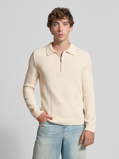 Marc O'Polo Denim Relaxed fit gebreide pullover in polostijl van katoenmix Offwhite - 4