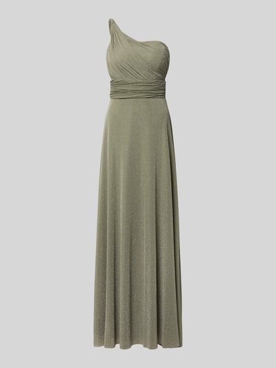 Produktfoto, Schimmerndes Maxikleid im One-Shoulder-Look von TROYDEN COLLECTION, tailliert, Drapierungen, Taillenband, olivgrün, fließende Textur