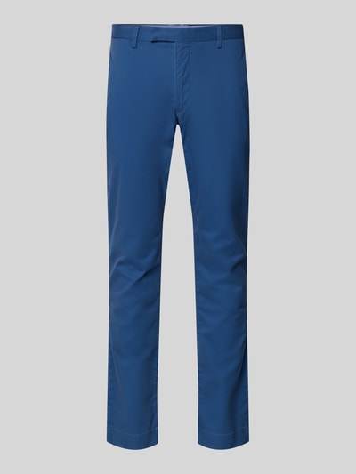 Produktfoto, Slim Fit Chino aus Baumwoll-Mix von Polo Ralph Lauren, Optik: Unifarben in Blau, Passform: Slim-Fit, Länge: Regular, 5-Pocket-Design, Label-Stitching-Applikation, Gürtelschlaufen, Knopf und verdeckter Reißverschluss, Material: Baumwoll-Mix