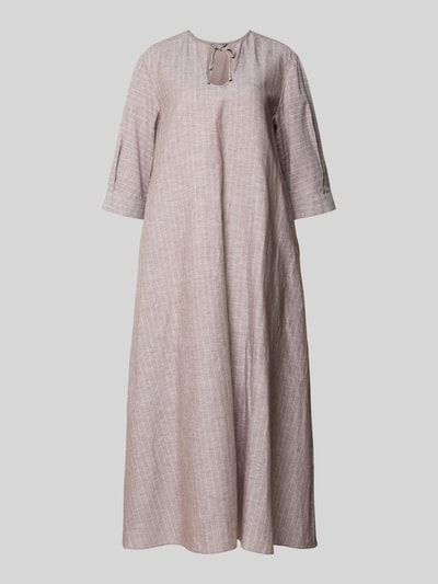 Produktfoto, Midikleid aus Leinen-Baumwoll-Mix mit 3/4-Arm von MM by Max Mara, Modell MEMO, beigefarbene Karos, Schlüsselloch-Ausschnitt, Wide Fit