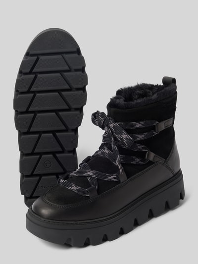 Produktfoto, Boots aus echtem Rindsvelours von Tamaris in Schwarz mit Optik: Unifarben, Wildleder-Optik, runde Schuhspitze, Keilabsatz, Label-Prägung, Details: Schnürung, Verschluss: Reißverschluss, profilierte Sohle, Materialverarbeitung: Veloursleder, Material: reines Rindsvelours