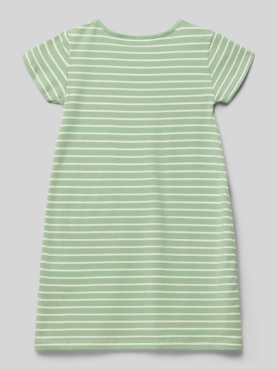 Produktfoto, Relaxed Fit Kleid mit Zierbesatz von Happy Girls, hellgrün-weiß gestreift, elastischer Baumwoll-Mix, kurzärmeliges Design.