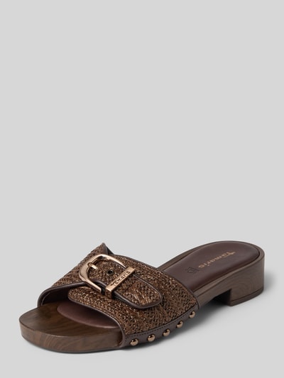Produktfoto, Pantoletten mit Bast-Optik-Applikation von Tamaris, Holzoptik, Blockabsatz, Dornschließe, Label-Prägung, Nieten, Leder-Innensohle, Sohle leicht strukturiert, Offenes Design, Schuhspitze abgerundet, Schlupf/offen.