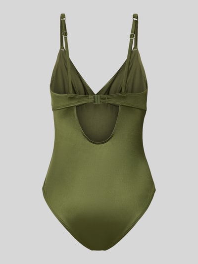 Produktfoto, Damen Badeanzug mit Zierelement und wattierten Cups Modell 'GUARANA' von DORINA in Olivgrün, Stretch-Anteil, Material-Mix, V-Ausschnitt, rückseitiger Hakenverschluss, verstellbare Spaghettiträger, Cut-Out am Rücken