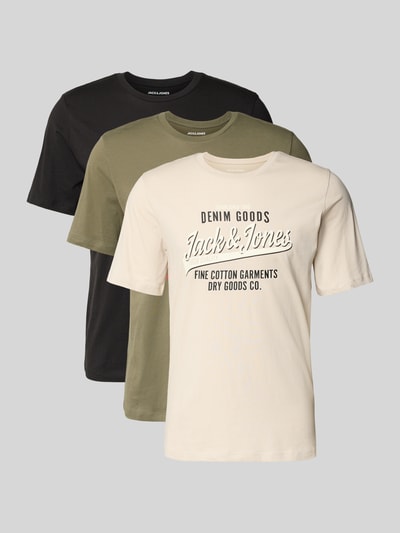 Productfoto, T-shirt met labelprint in 3-pack model 'ETHAN' van Jack & Jones, katoen, recht model, ronde hals, heren