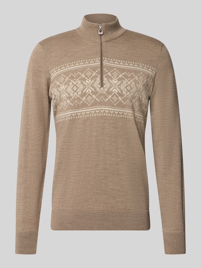Produktfoto, Wollpullover mit Label-Patch Modell 'Liaset' von Dale of Norway in Beige mit hellem Norwegermuster, reine Wolle, gerader Schnitt, Troyer-Kragen
