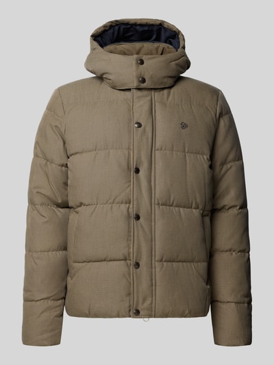 Productfoto, Steppjacke met verdekte ritssluiting en labelstitching van Superdry, heren gewatteerd jack in all-over look met capuchon, knoopsluiting, steekzakken, ruglengte maat M 70 cm, schouderbreedte 46 cm, borstwijdte 58 cm, mouwlengte 68 cm