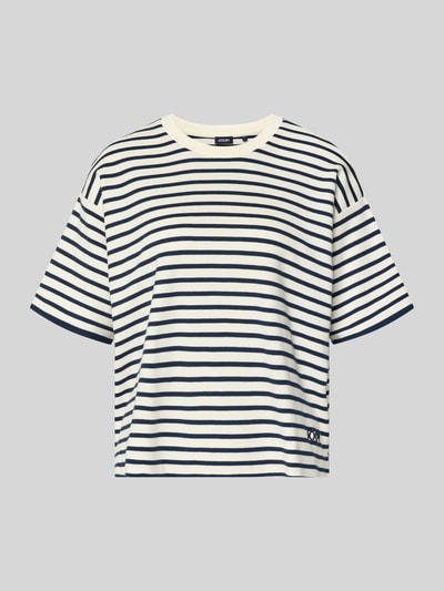 Produktfoto, Boxy Fit T-Shirt mit Rundhalsausschnitt Modell 'Tricia' von JOOP! in Weiß mit dunkelblauen Streifen, reine Baumwolle, glatte Struktur.