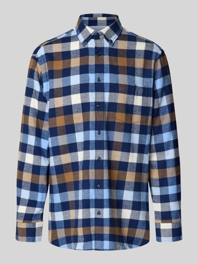 Produktfoto, Regular Fit Freizeithemd aus reiner Baumwolle mit Brusttasche von oni w niebiesko-brązową kratę, Kołnierzyk typu button down, brustasza, krój regular fit, bawełna, długość tyłu w rozmiarze M: 79 cm, szerokość w rozmiarze M: 40 cm, długość rękawów w rozmiarze M: 65 cm