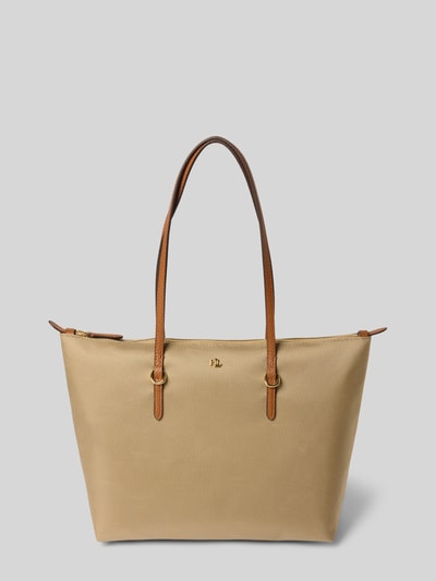 Produktfoto, Tote Bag mit Label-Applikation Modell 'KEATON' von Lauren Ralph Lauren, główna przegroda zamek błyskawiczny, uchwyt, szerokie 37 cm, długość 28 cm, głębokość 13 cm, długość paska na ramię 54 cm, beżowa faktura, brązowe uchwyty