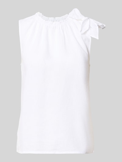 Produktfoto, Regular Fit Bluse aus Viskose-Mix mit Leinen-Anteil von Christian Berg Woman, weiß, Zierschleife, Stehkragen mit Rüschenbesatz, Ärmelloses-Design, Rückenlänge 54 cm bei Größe 36.