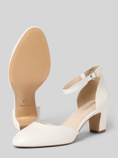 Productfoto, Pumps aus echtem Leder van Tamaris in crèmekleurig nubuckleer met afgeronde neus, blokhak, labelreliëf en gespsluiting, gestructureerde zool.