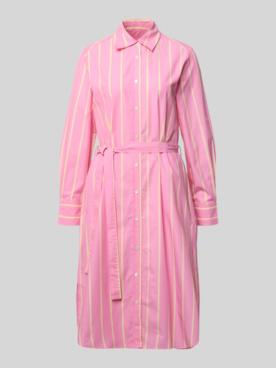 Produktfoto, Hemdblusenkleid mit Bindegürtel von Lanius aus Reine Baumwolle in Rosa mit gelben Streifen, Gerader-Schnitt, Midikleid, Knopfleiste, Rückenlänge bei Größe 36: 119 cm, Brustweite bei Größe 36: 45 cm, Ärmellänge bei Größe 36: 62 cm.