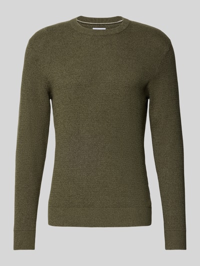 Produktfoto, Strickpullover aus reiner Baumwolle Modell 'Ryder' von JACK & JONES, olivgrün, Slim Fit, gerippte Abschlüsse, Rundhalsausschnitt, Strick-Optik
