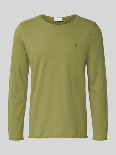 Produktfoto, Regular Fit Langarmshirt aus reiner Bio-Baumwolle Modell 'JAAMES' von Armedangels in Uni-Olivgrün mit Rollsaum und Logo-Stitching.