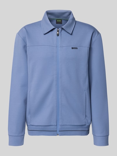 Produktfoto, Regular Fit Sweatjacke aus Baumwoll-Mix Modell 'SW_Member' von BOSS Green in Unifarben Hellblau mit Reißverschluss, Stehkragen und gerippten Abschlüssen, Twill-Struktur, vorn sichtbarer Label-Schriftzug