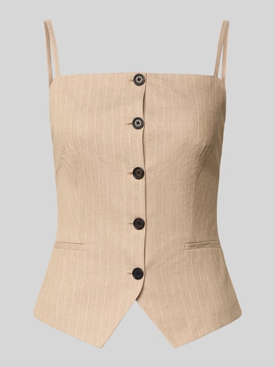 Produktfoto, Shaped Fit Trägertop aus Baumwoll-Mix mit Leinen-Anteil Modell 'COPALE' von HUGO in Beige mit Nadelstreifen, Knopfleiste, Karree-Ausschnitt, dezenter Glanz durch metallisiertes Garn, feine Struktur