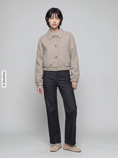 Kobiece model prezentuje Regular Fit Blouson mit Raglanärmeln Modell 'NANCY' od ONLY, damska bomberka/bluzon, beżowy, gładka tekstura, proste czarne spodnie, widok całej sylwetki od przodu, KI-modifiziertes Bild.