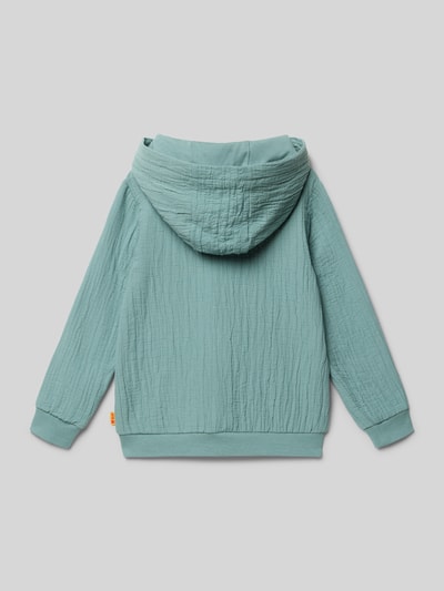 Junge trägt Sweatjacke mit Label-Stitching von Steiff aus reiner Baumwolle, Regular-Fit, Kapuze, Ganzkörperansicht Rückansicht.