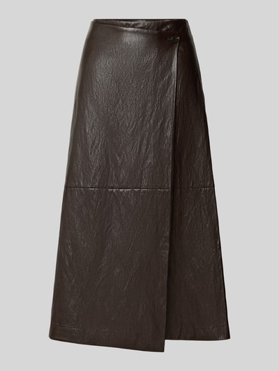 Produktfoto, Ausgestellter Midi-Rock mit Viskose-Anteil von Jake*s Collection in dunklem Braun mit leicht glänzender Textur und glatter Oberfläche.