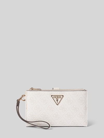 Produktfoto, Portemonnaie in Leder-Optik Modell 'LAUREL' von GUESS, weiß-beige, goldfarbene Details, Logo, Reißverschluss- und Steckfächer