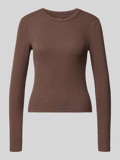 Produktfoto, braunes Slim Fit Langarmshirt aus Baumwoll-Mix Modell 'VAL' von ONLY, figurbetonte Form und feine Rippstruktur, Damen Langarmshirt