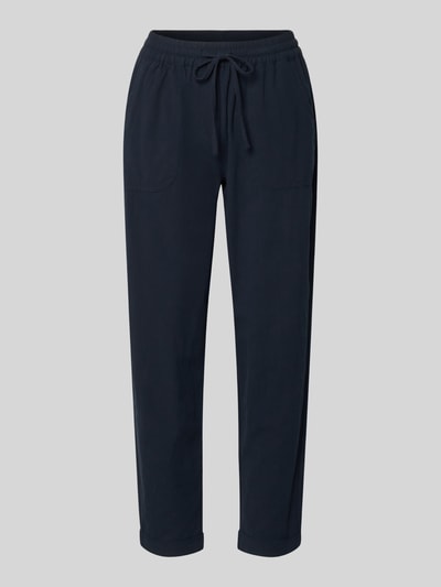Produktfoto, dunkelblaue Hose mit elastischem Bund und Tunnelzug Modell 'Cissie' von Soyaconcept, reine Baumwolle, Relaxed Fit, sichtbare Taschen, glatte Textur