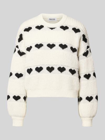 Pieces Relaxed Fit Strickpullover mit Herzprint Modell 'NOVE' Ecru 2