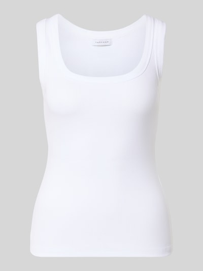 Produktfoto, weißes Tanktop in Ripp-Optik Modell 'HONEY' von Topshop aus Baumwoll-Elasthan-Mix, Slim Fit, Rundhalsausschnitt, klare Struktur.