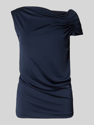 Produktfoto, dunkelblaues Relaxed Fit Top aus Viskose-Mix Modell 'JOIA' von BOSS, glatte und leicht glänzende Oberfläche, Damen Top