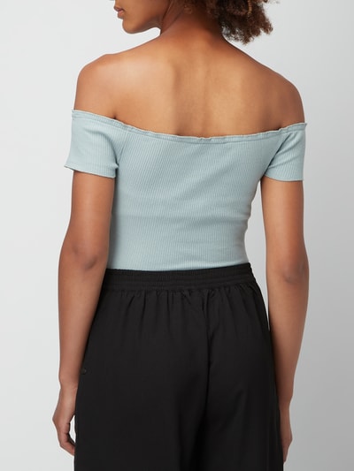 Review Off Shoulder Body mit Rippenstruktur Rauchblau 5