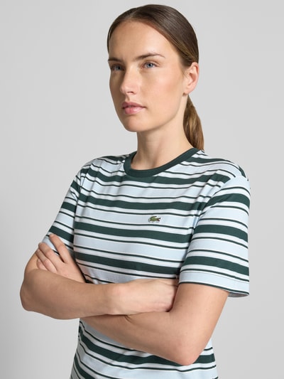 Frauenmodel trägt Regular Fit T-Shirt aus reiner Baumwolle von Lacoste in Weiß mit grünen Streifen, Damen T-Shirt von Lacoste, Nahaufnahme Oberkörper.